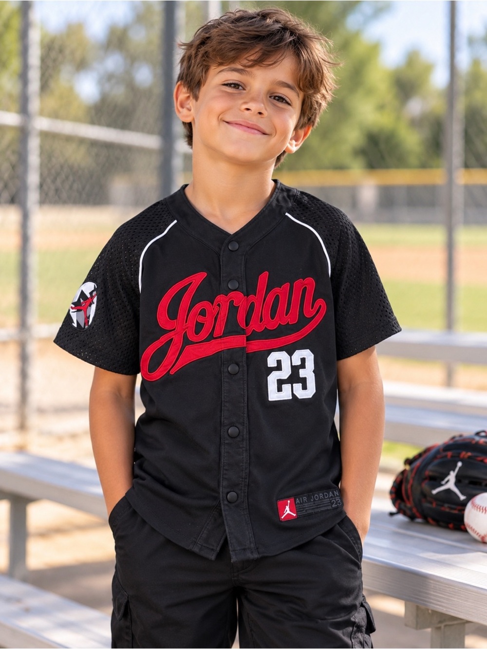 Jordan 23 Black, Red & White Kids Button Baseball Jersey